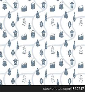Cartoon winter Christmas map seamless pattern. Vector landscape with houses, roads and trees. illustration can be used for wallpaper, textile, web page background.. Cartoon winter Christmas map seamless pattern. Vector landscape with houses, roads and trees. illustration can be used for wallpaper, textile, web page background