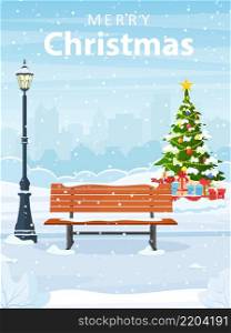 Cartoon winter city park with Christmas trees, bench, lantern. merry Christmas and New year celebrated with cityscape background landscape for banner, poster, web. Vector illustration in flat style. snowy winter city park
