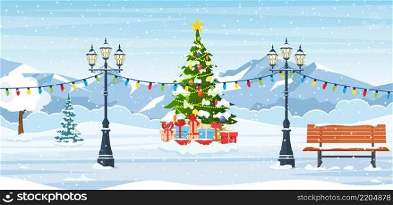 Cartoon winter city park with Christmas trees, bench, lantern. merry Christmas and New year celebrated with cityscape background landscapeand mountain. Vector illustration in flat style. snowy winter city park