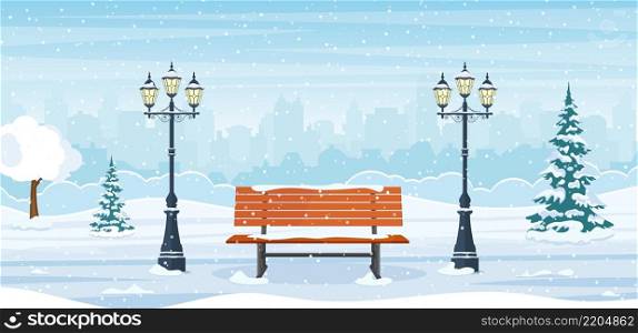 cartoon Winter city park with wooden bench, lanterns and town buildings skyline. Urban empty public garden landscape, snow fall under dull sky. Vector illustration in flat style. Winter city park with wooden bench,