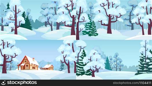 Cartoon winter forest landscapes. Village in woods with snow caps on houses, snowed field and winter trees. Snowy winter christmas countryside house, Xmas greeting card vector illustration set. Cartoon winter forest landscapes. Village in woods with snow caps on houses, snowed field and winter trees vector illustration set