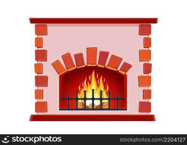 cartoon Winter interior bonfire. Classic fireplace made of red bricks, bright burning flame and smoldering logs inside. Home fireplace for comfort and relaxation. Vector illustration in flat style. Winter interior bonfire.