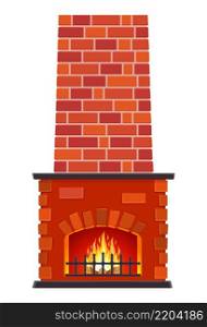 cartoon Winter interior bonfire. Classic fireplace made of red bricks, bright burning flame and smoldering logs inside. Home fireplace for comfort and relaxation. Vector illustration in flat style. Winter interior bonfire.