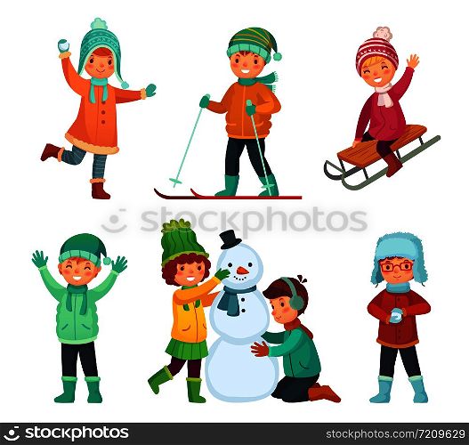 Cartoon winter kids. Children play in winters holiday, sledding and making snowman and snowball. Childrens characters, child playing cold snow holidays Xmas game vector isolated icons set. Cartoon winter kids. Children play in winters holiday, sledding and making snowman. Childrens characters vector set