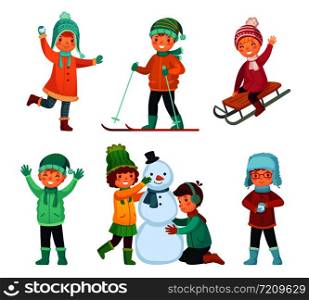 Cartoon winter kids. Children play in winters holiday, sledding and making snowman and snowball. Childrens characters, child playing cold snow holidays Xmas game vector isolated icons set. Cartoon winter kids. Children play in winters holiday, sledding and making snowman. Childrens characters vector set