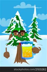 Cartoon winter pine trees with faces drinking beer. Cute forest trees. Snow on pine cartoon character, funny holiday vector illustration.