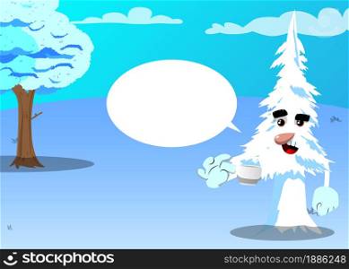 Cartoon winter pine trees with faces drinking coffee. Cute forest trees. Snow on pine cartoon character, funny holiday vector illustration.