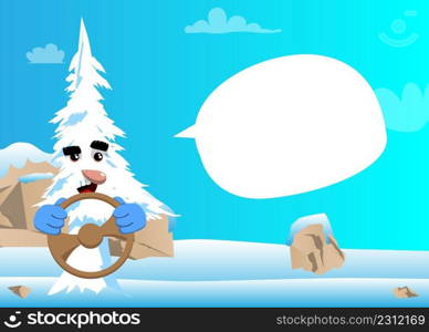 Cartoon winter pine trees with faces driving, holding a steering wheel. Cute forest trees. Snow on pine cartoon character, funny holiday vector illustration.