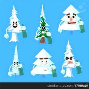 Cartoon winter pine trees with faces holding a bottle. Cute forest trees. Snow on pine cartoon character, funny holiday vector illustration.
