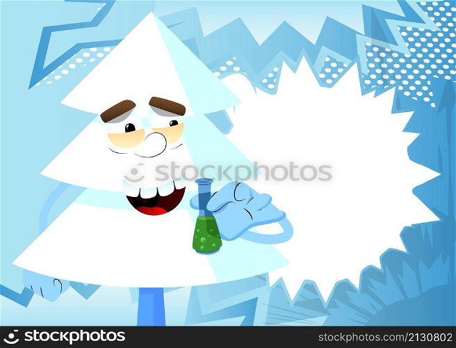 Cartoon winter pine trees with faces holding a test tube. Cute forest trees. Snow on pine cartoon character, funny holiday vector illustration.