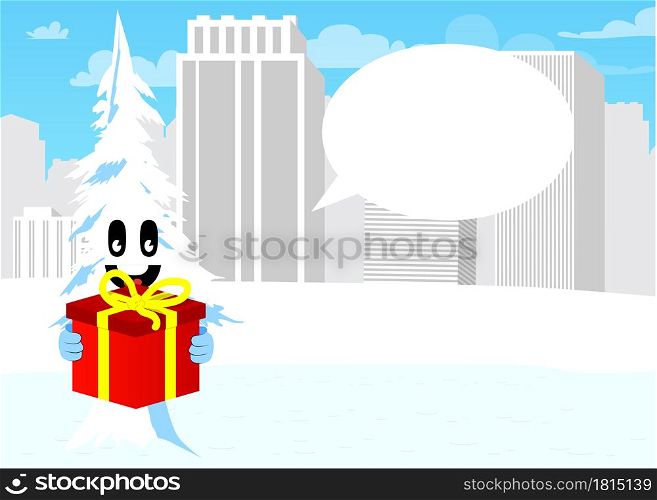 Cartoon winter pine trees with faces holding big gift box. Cute forest trees. Snow on pine cartoon character, funny holiday vector illustration.