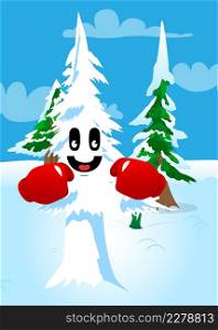 Cartoon winter pine trees with faces holding his fists in front of him ready to fight wearing boxing gloves. Cute forest trees. Snow on pine cartoon character.