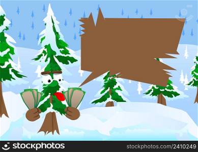 Cartoon winter pine trees with faces holding or showing money bills. Cute forest trees. Snow on pine cartoon character, funny holiday vector illustration.
