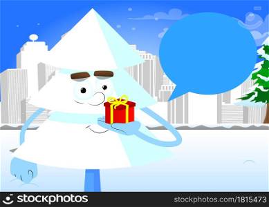 Cartoon winter pine trees with faces holding small gift box. Cute forest trees. Snow on pine cartoon character, funny holiday vector illustration.