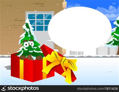 Cartoon winter pine trees with faces in a gift box. Cute forest trees. Snow on pine cartoon character, funny holiday vector illustration.