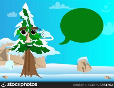 Cartoon winter pine trees with faces shows a you re nuts gesture by twisting his finger around his temple. Cute forest trees. Snow on pine cartoon character.