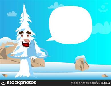 Cartoon winter pine trees with faces with praying hands. Cute forest trees. Snow on pine cartoon character, funny holiday vector illustration.