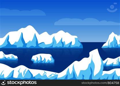 Cartoon winter polar arctic or antarctic ice landscape with iceberg in sea vector illustration. Ice berg in ocean, glacier arctic illustration. Cartoon winter polar arctic or antarctic ice landscape with iceberg in sea vector illustration