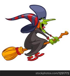 Cartoon witch flying on a broom. Vector Halloween illustration with a funny witch isolated on white