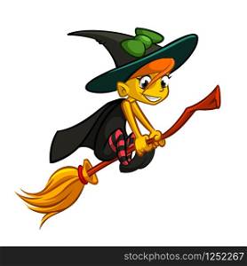 Cartoon witch flying on her broom. Vector clip art illustration
