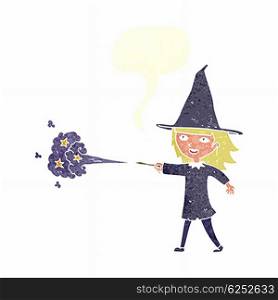 cartoon witch girl casting spell with speech bubble