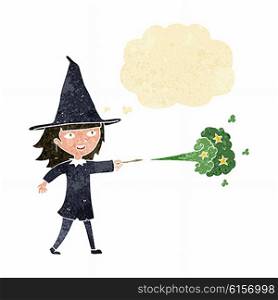 cartoon witch girl casting spell with thought bubble