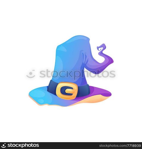 Cartoon witch hat vector icon, blue magician headwear with golden buckle, curve cone and curly tip. Halloween wizard cap, costume isolated on white background. Cartoon witch hat vector icon, blue magician cap