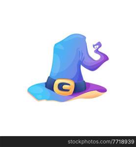 Cartoon witch hat vector icon, blue magician headwear with golden buckle, curve cone and curly tip. Halloween wizard cap, costume isolated on white background. Cartoon witch hat vector icon, blue magician cap