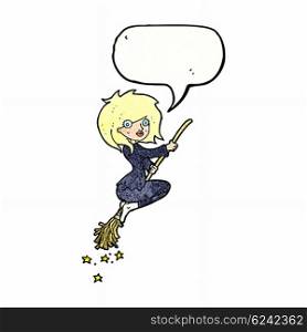 cartoon witch riding broomstick with speech bubble