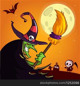 Cartoon witch with a broom. Halloween vector illustration isolated on scary night background with full moon and grim reaper on cemetary