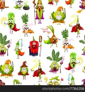 Cartoon wizards and mages vegetable characters seamless pattern, vector background. Fairy vegetables as magician and warlocks, corn, bean or olive and artichoke with magic wands and wizard capes. Cartoon wizards mages vegetable characters pattern