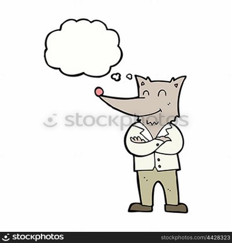 cartoon wolf in shirt with thought bubble