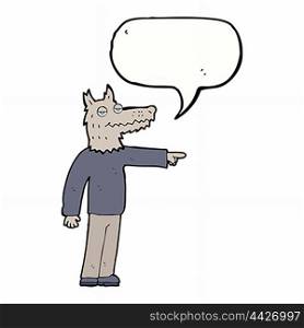 cartoon wolf man pointing with speech bubble