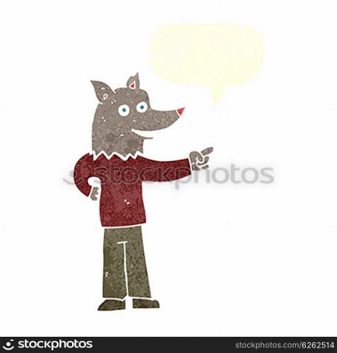 cartoon wolf man pointing with speech bubble