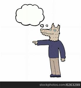 cartoon wolf man pointing with thought bubble