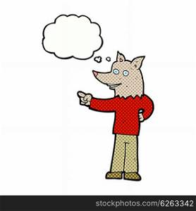 cartoon wolf man pointing with thought bubble