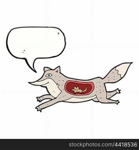 cartoon wolf with mouse in belly with speech bubble