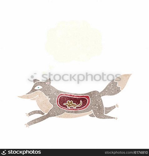 cartoon wolf with mouse in belly with thought bubble