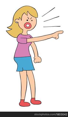 Cartoon woman angry and shouting, vector illustration. Colored and black outlines.
