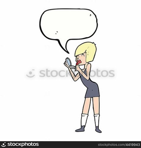cartoon woman applying lipstick with speech bubble
