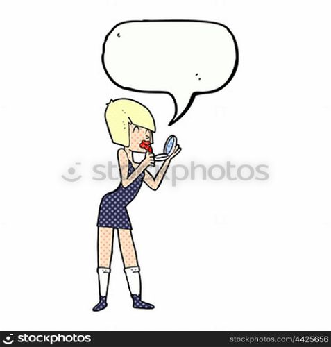 cartoon woman applying lipstick with speech bubble