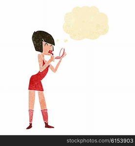 cartoon woman applying lipstick with thought bubble