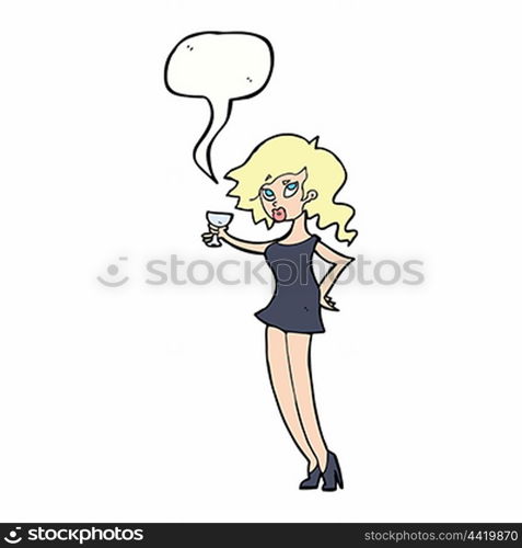 cartoon woman at party with speech bubble