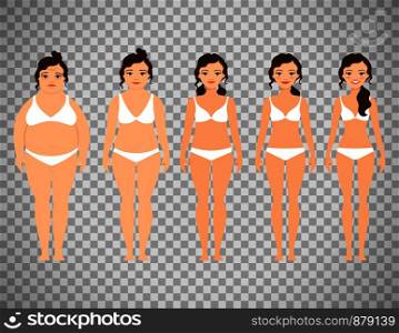Cartoon woman before and after diet vector illustration isolated on transparent background. Cartoon woman before and after diet