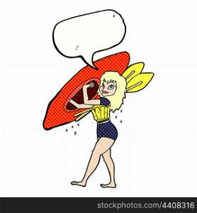 cartoon woman carrying canoe with speech bubble