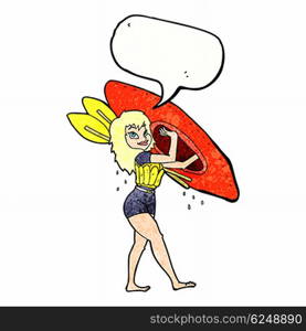 cartoon woman carrying canoe with speech bubble