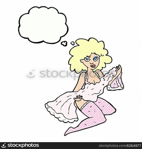 cartoon woman changing with thought bubble