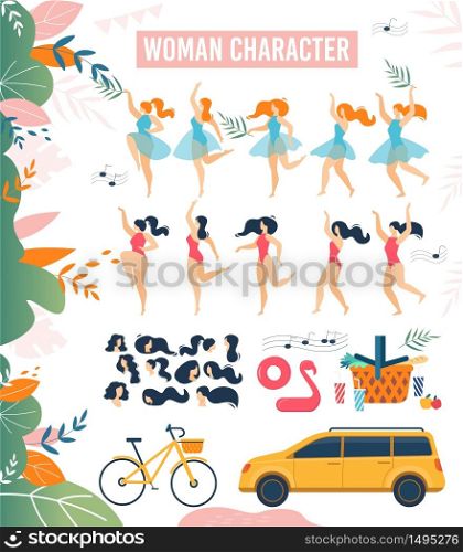 Cartoon Woman Character Bundle. Summer Vacation Flat Set. Pretty Young Girl Having Fun Rest and Relax. Car, Bicycle, Picnic Basket and Beach Accessories. Floral Design Vector Illustration. Cartoon Woman Character Summer Vacation Flat Set