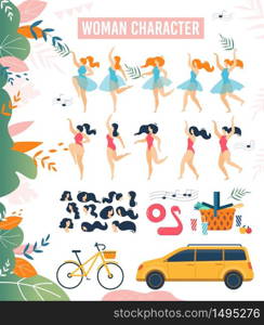 Cartoon Woman Character Bundle. Summer Vacation Flat Set. Pretty Young Girl Having Fun Rest and Relax. Car, Bicycle, Picnic Basket and Beach Accessories. Floral Design Vector Illustration. Cartoon Woman Character Summer Vacation Flat Set