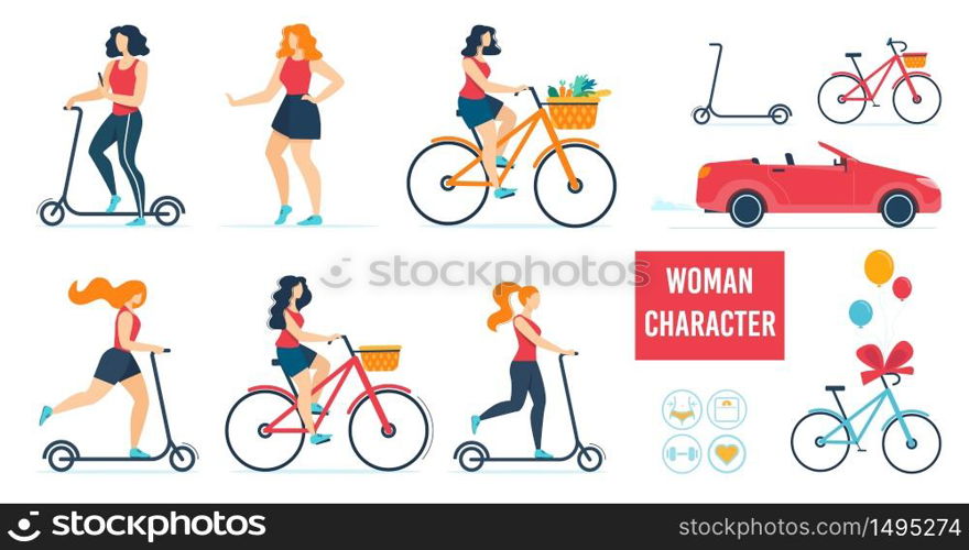 Cartoon Woman Character in Casual Clothes Using Different Transport Flat Set. Female Person Riding Bicycle, Scooter. Girl Walking by Foot. Car and Eco-Friendly Vehicle. Vector Illustration. Woman Character Using Different Transport Set